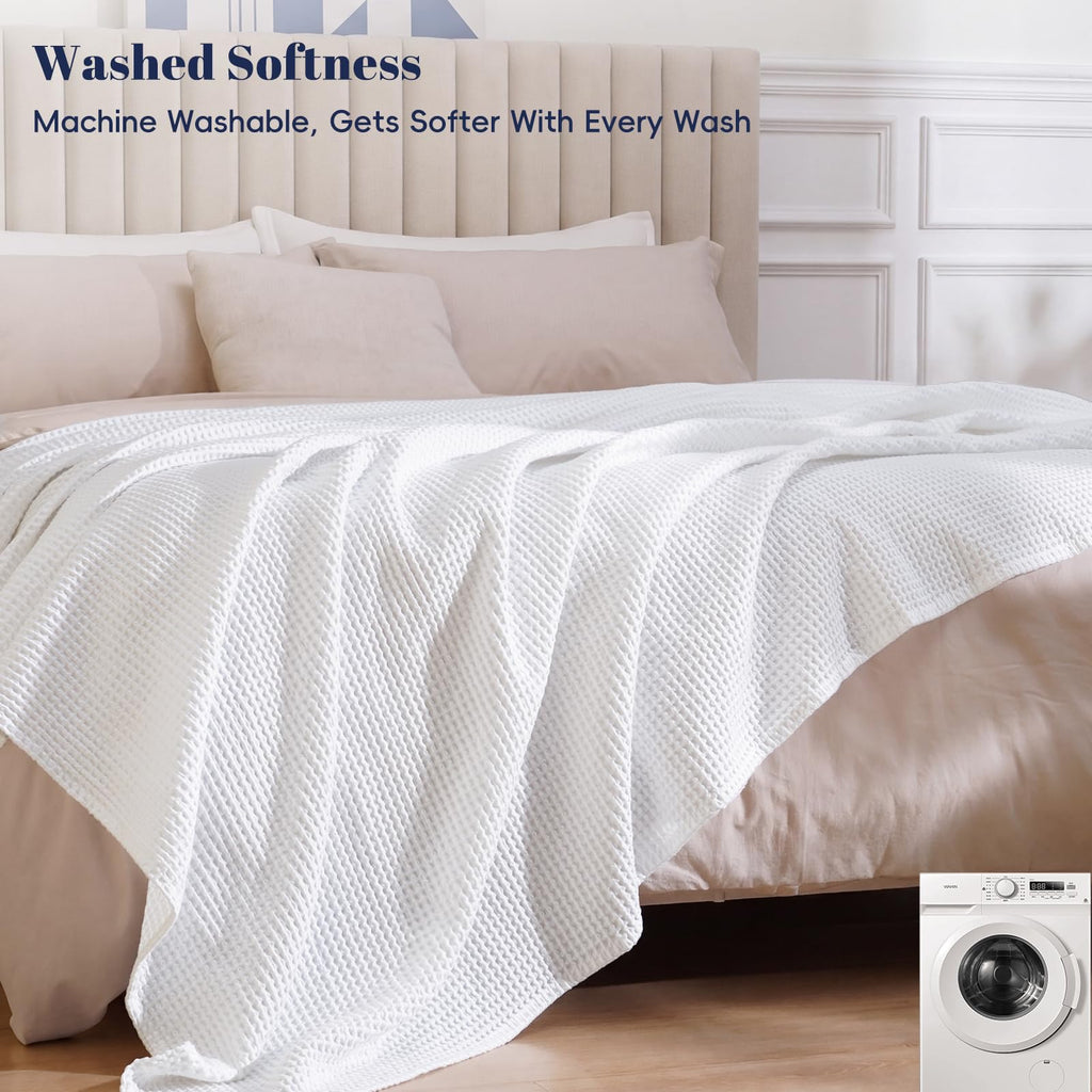 100% Cotton Waffle Blanket Lightweight Breathable, Queen Size, White