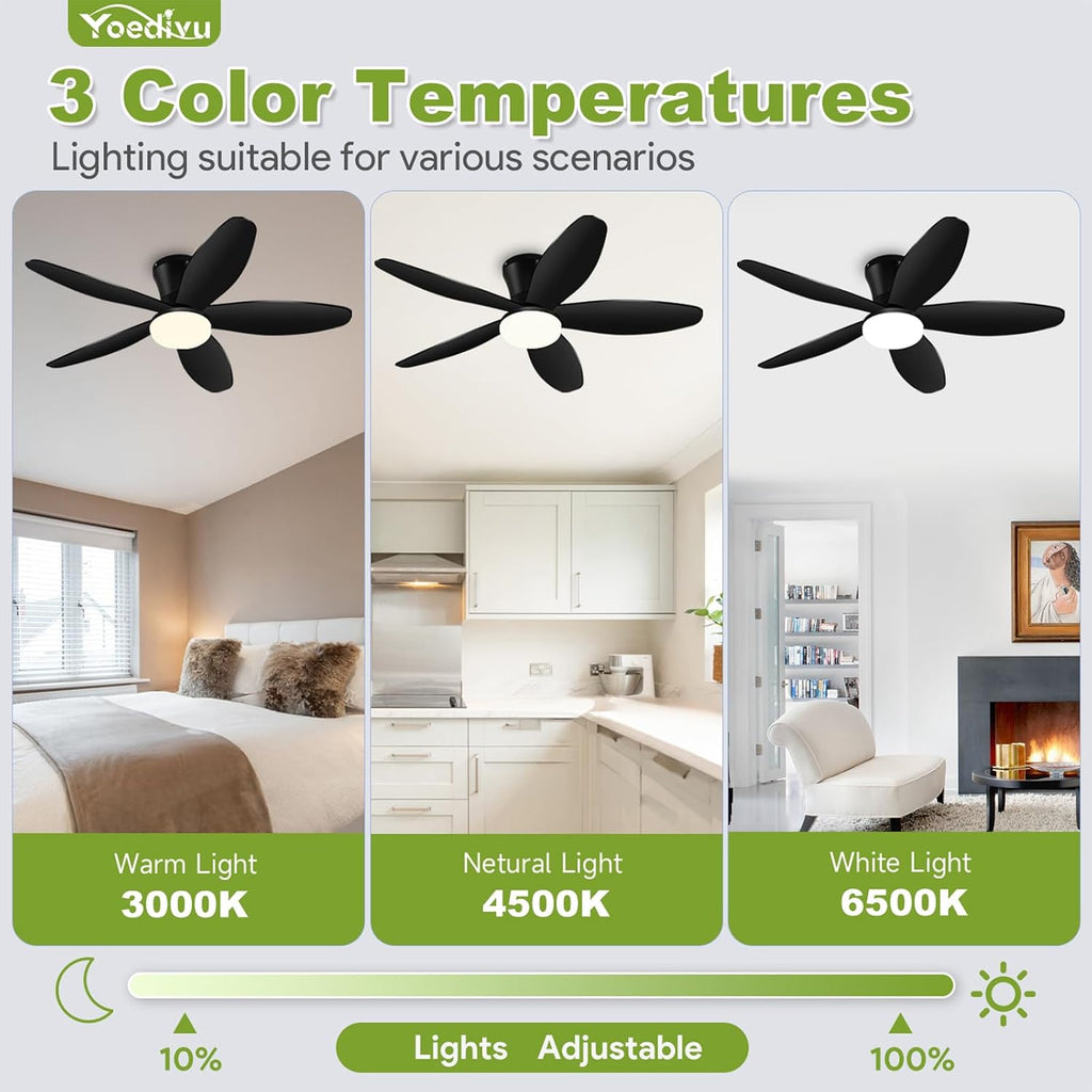 Black Ceiling Fan with Light, 42 Inch Low Profile Flush Mount Ceiling Fan 6-Speed Wind, Quiet Reversible DC Motor, 3