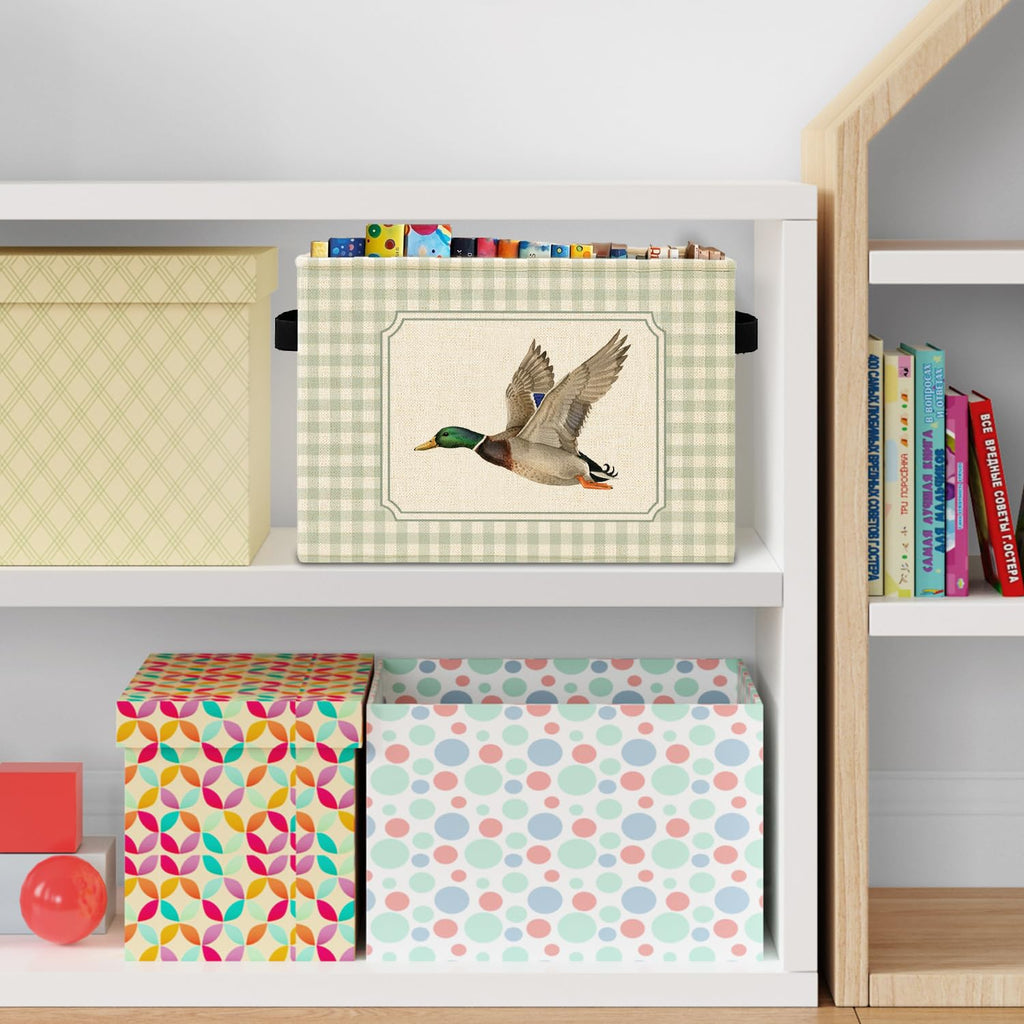 Green Checkered Mallard Duck Storage Bins Box with Handles, Rustic Flying Mallard Duck Plaid Laundry Basket Hamper