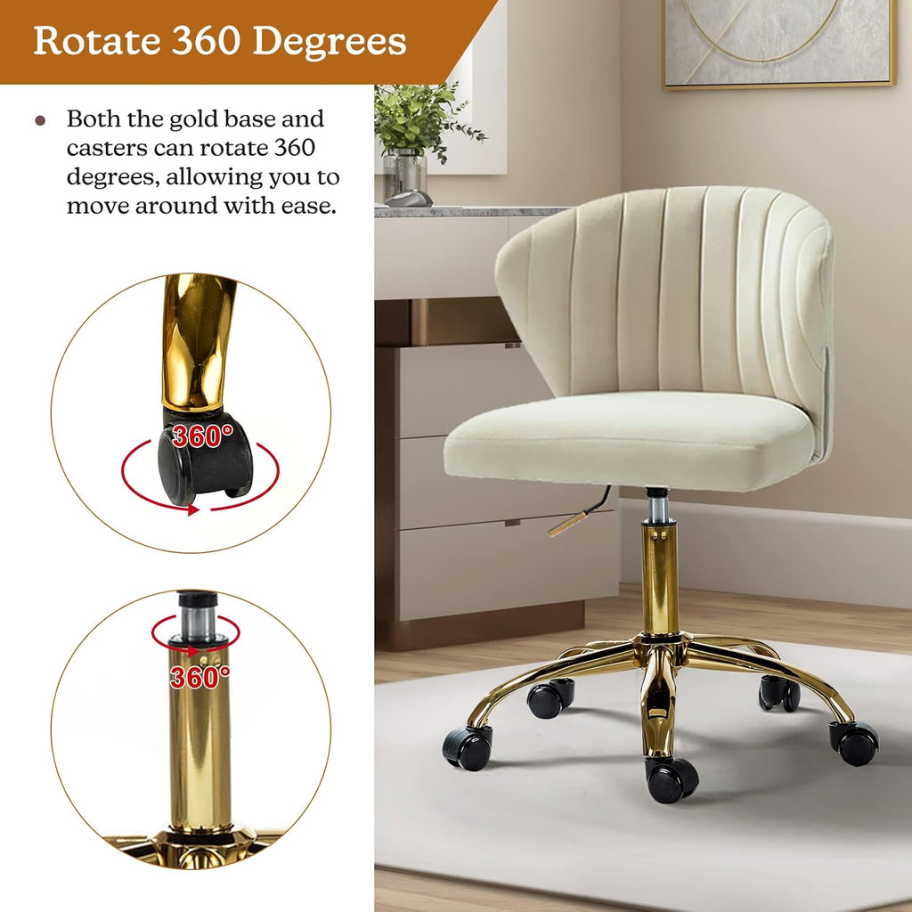 Office Desk Chairs with Wheels & Gold Base, Modern Velvet Cute Armless, Adjustable Low Back Swivel Rolling Chair
