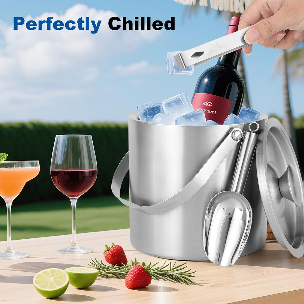 3L Stainless Steel Ice Bucket - Double-Wall Insulated Cooler Keeps Ice Frozen Longer for Wine, Champagne &