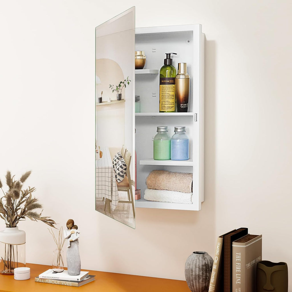 White 16x26 Medicine Cabinet, Beveled Mirror & Adjustable Staggered Shelves | Recessed or Surface Mount Bathroom