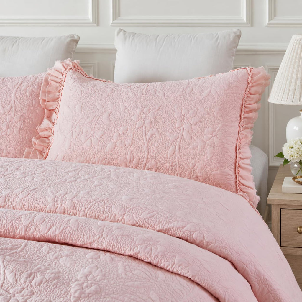 Pink Cotton Quilt Set Ruffled Matelasse Coverlet 3PC