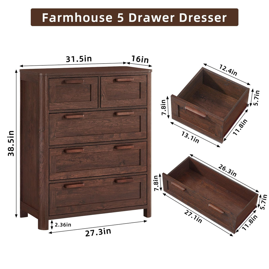 Farmhouse 5 Drawer Dressers, Walnut