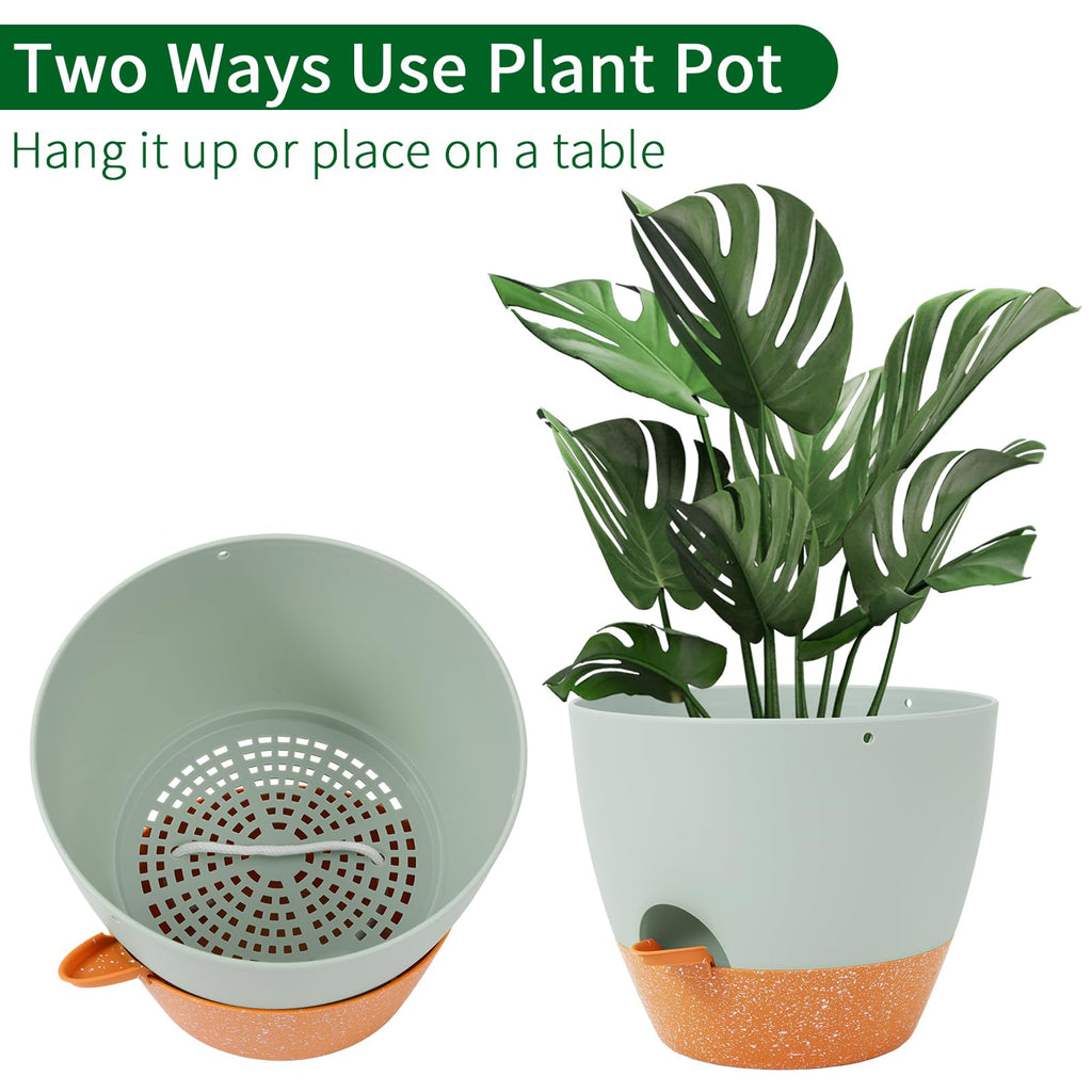 10 Inch Self Watering Hanging Planter, Indoor, 2 Pack, Green