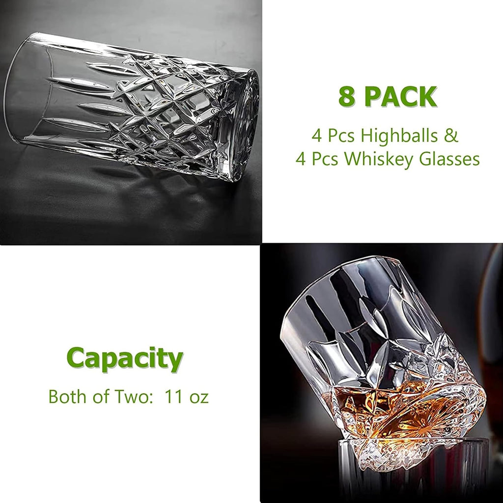 Drinking Glasses, 8 Piece Crystal Glass Cups, Mixed Glassware Set, 4 pcs Crystal Old Fashioned 11oz Highballs and 4