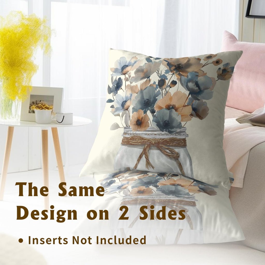 Watercolor Floral Throw Pillow Covers 22x22 Inch Set of 2, Rustic Grey Tan Flowers Decorative Pillowcase Zippered