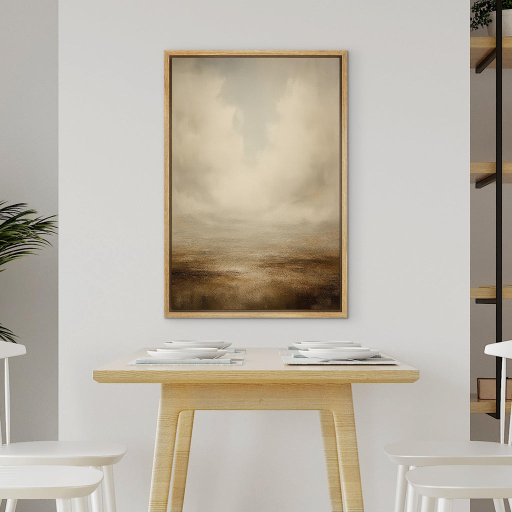 Framed Canvas Print Wall Art Misty Sky and Earth Vertical Neutral Abstract Landscape Fine Art Decorative
