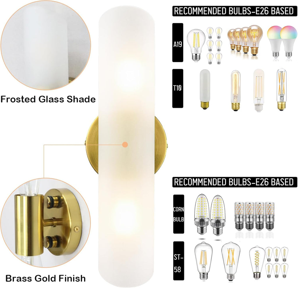 Modern Brass Wall Sconces Set of Two Frosted Glass Wall Light Fixture 2-Light Cylinder Bathroom Vanity Lights Gold