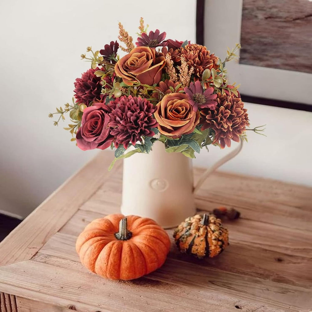 Artificial Fall Flowers, Fake Silk Fall Flowers, Orange+Red - Set of 2