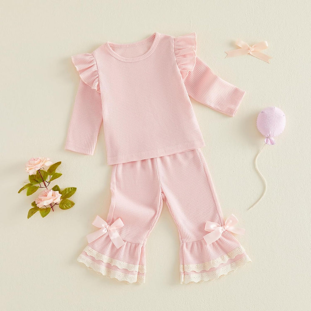 Toddler Baby Girl Fall Clothes Waffle Long Sleeve Shirt Tops and Bell Bottoms Pants 2 Piece Outfits for Girls