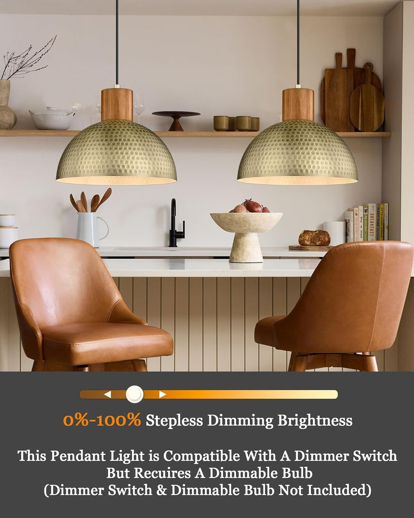 Vintage Pendant Light Fixtures, 12" Brushed Brass Hammered Metal & Rubber Wood Industrial Dome Hanging Lamp, Antique