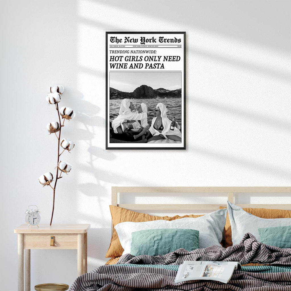 Vintage Trendy Black And White Newspaper Print Poster Retro Times Canvas Wall Art Funky Hot Girls Eating Pasta Prints