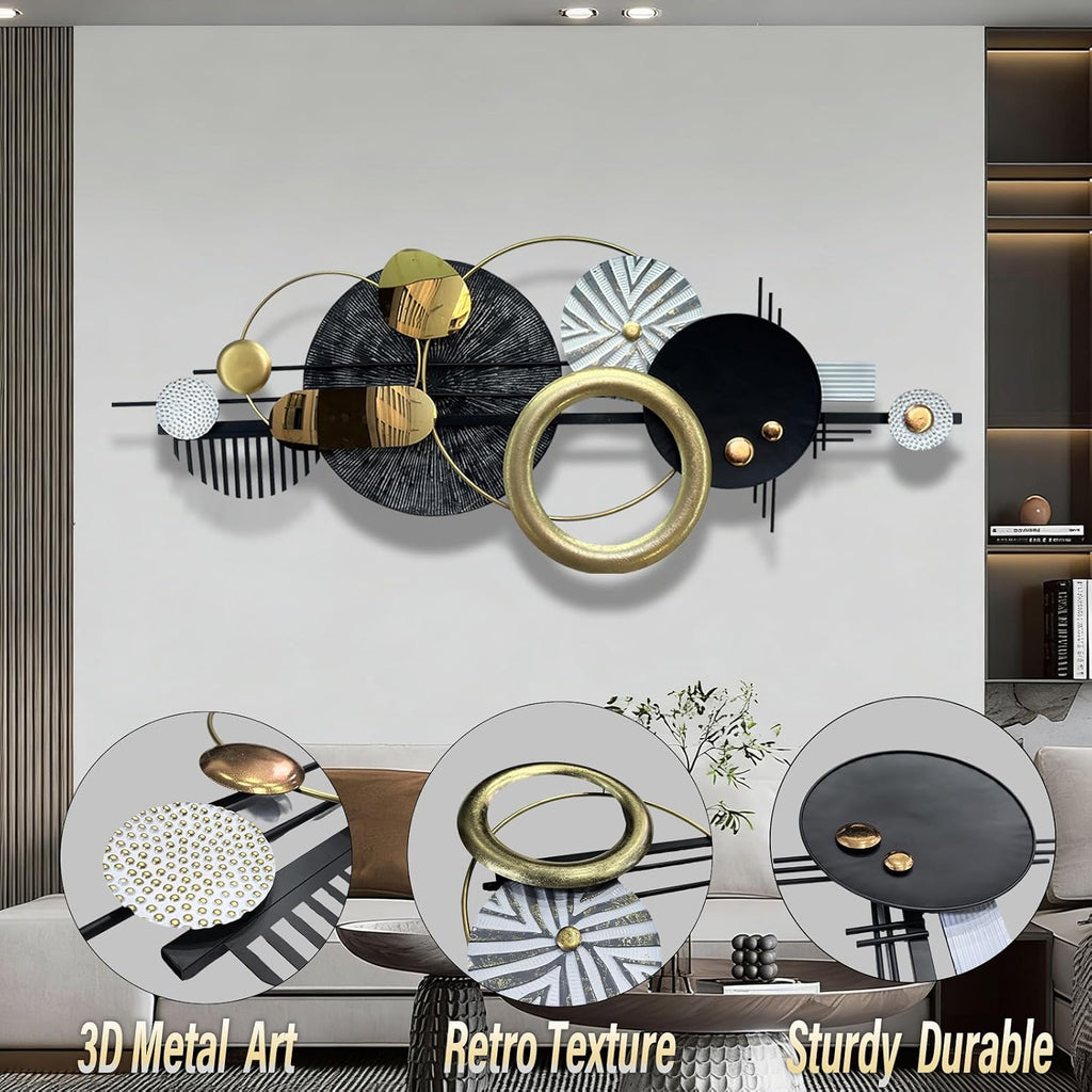 Modern Abstract Metal Wall Art, Gold Black and White Geometric Décor Art Wall Décor, Large 59×24 In 3D Textured Metal