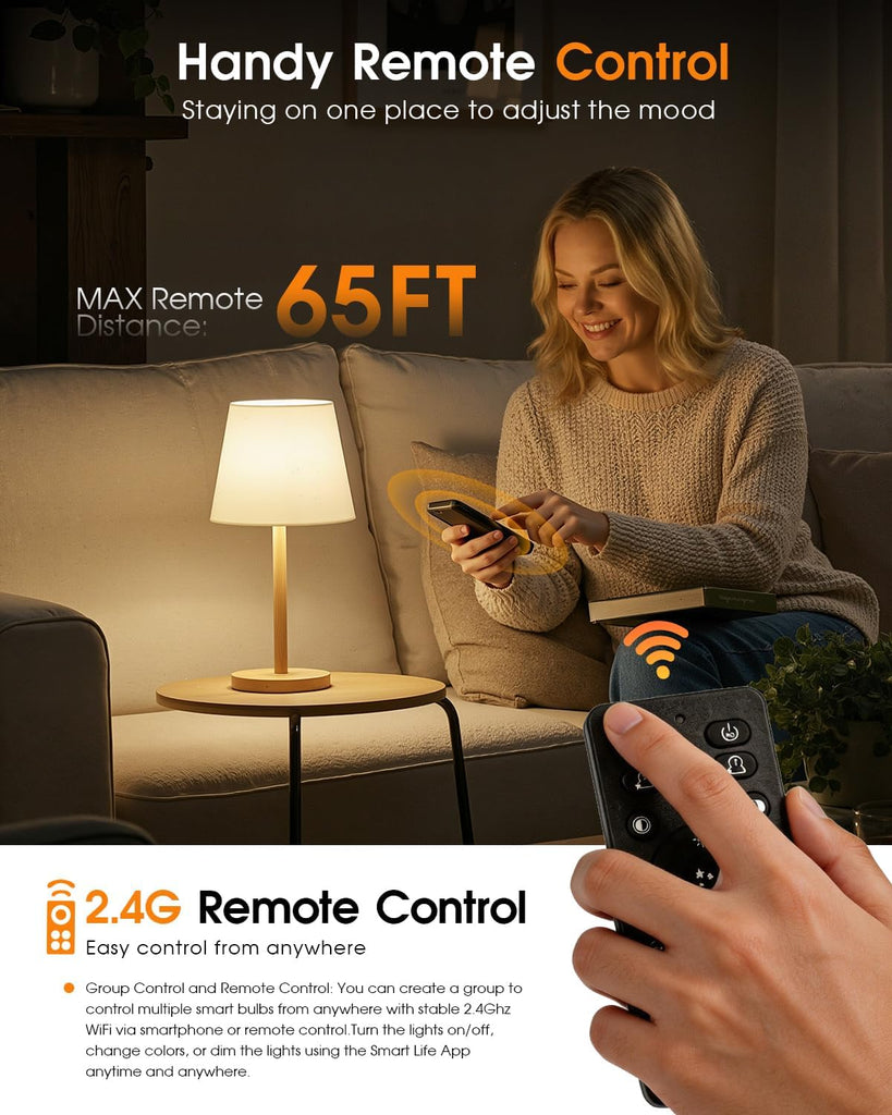 A19 Smart LED Light Bulb with App Control & Remote, Bluetooth, 3 Color Temperatures (3000K/4500K/6500K), 5%-100%