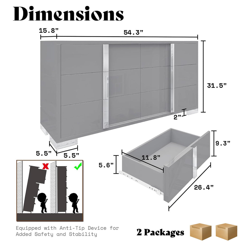 6 Drawer Dresser, Modern Storage Chest, High Gloss Finish, Grey