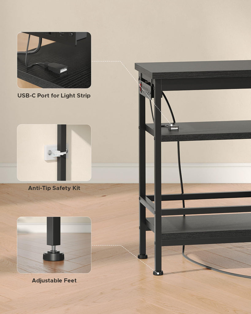 63in TV Stand for 55-75in TVs, LED Lights, Charging Station, Black