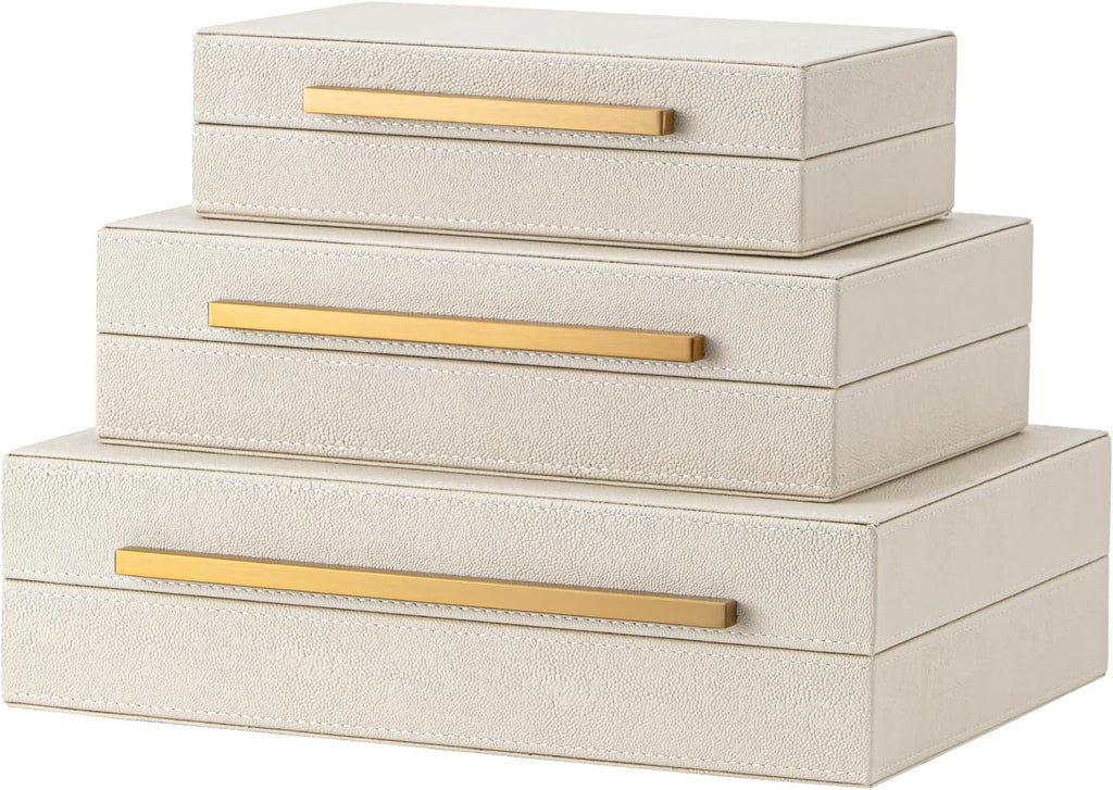 Faux Leather Large Modern Stackable Nesting Jewelry Box with Lids Organizer Beige Shagreen Decorative - Set of 3