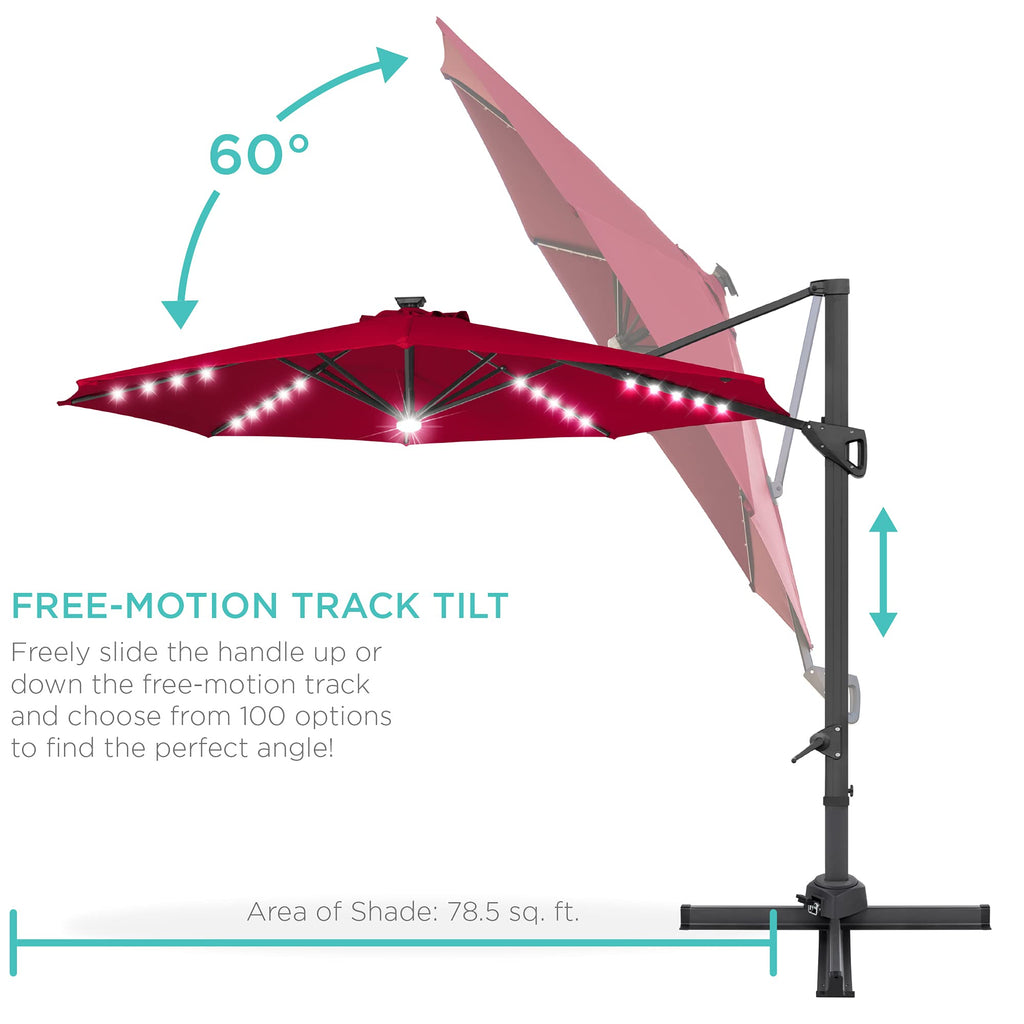 10ft Solar LED Cantilever Patio Umbrella, 360-Degree Rotation Hanging Offset Market Outdoor Sun Shade for Backyard