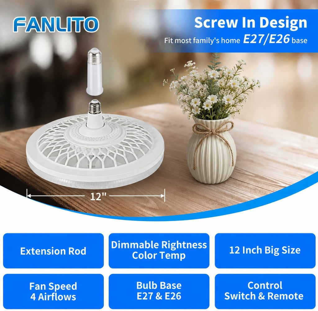 Light Socket Fan with Remote 12”, Screw in Socket Fan Light with Dimmable Brightness and Color Temp, Socket Modern Flush Mount Low Profile Ceiling Fan for Bedroom, Small Living Room, Kitchen A101-B0CZRZYTMV