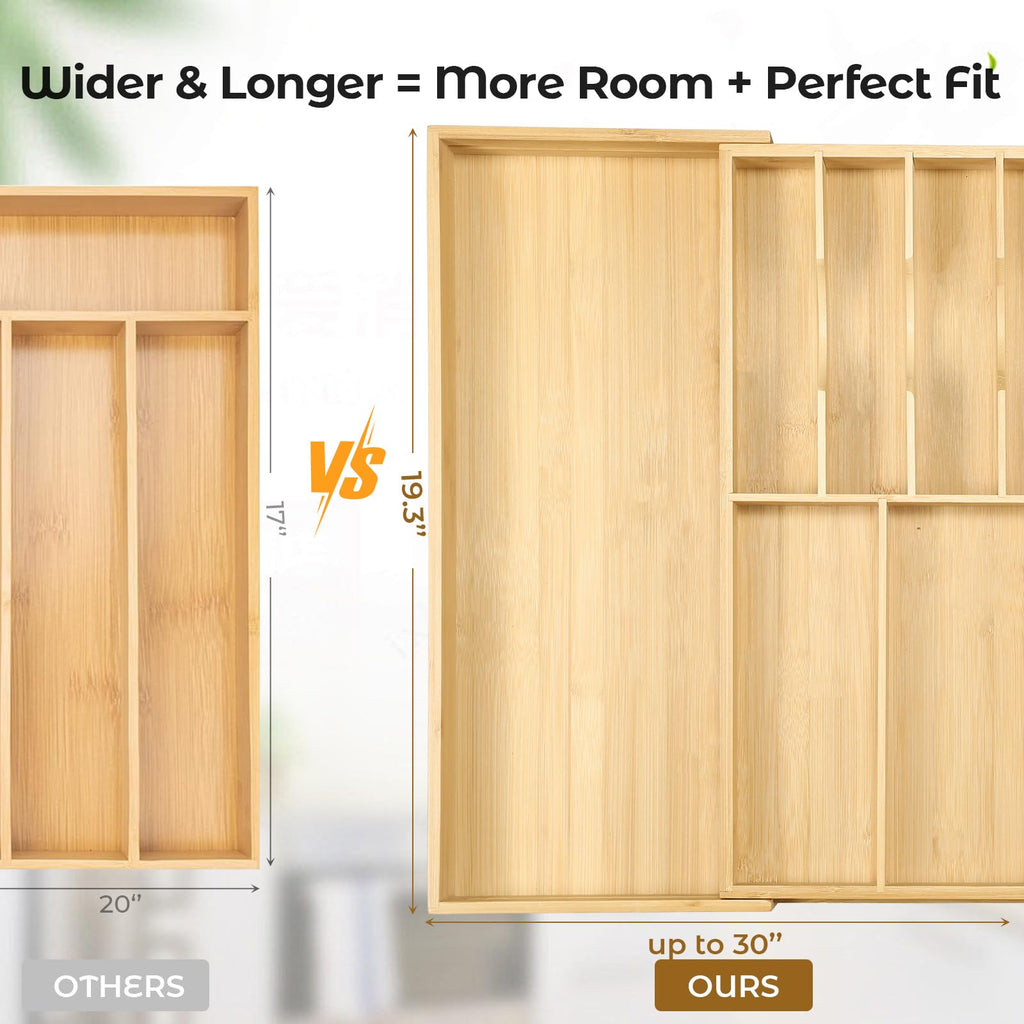 Silverware Organizer for Cabinet Drawer, Expandable from 16.7'' to 30'' Wide Bamboo Wood Flatware Tray for Large