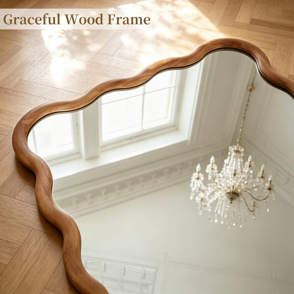 24"x36" Wavy Wood Mirror, Rectangular Wall Mirror with Natural Wooden Frame, Boho Farmhouse Country Bathroom Vanity