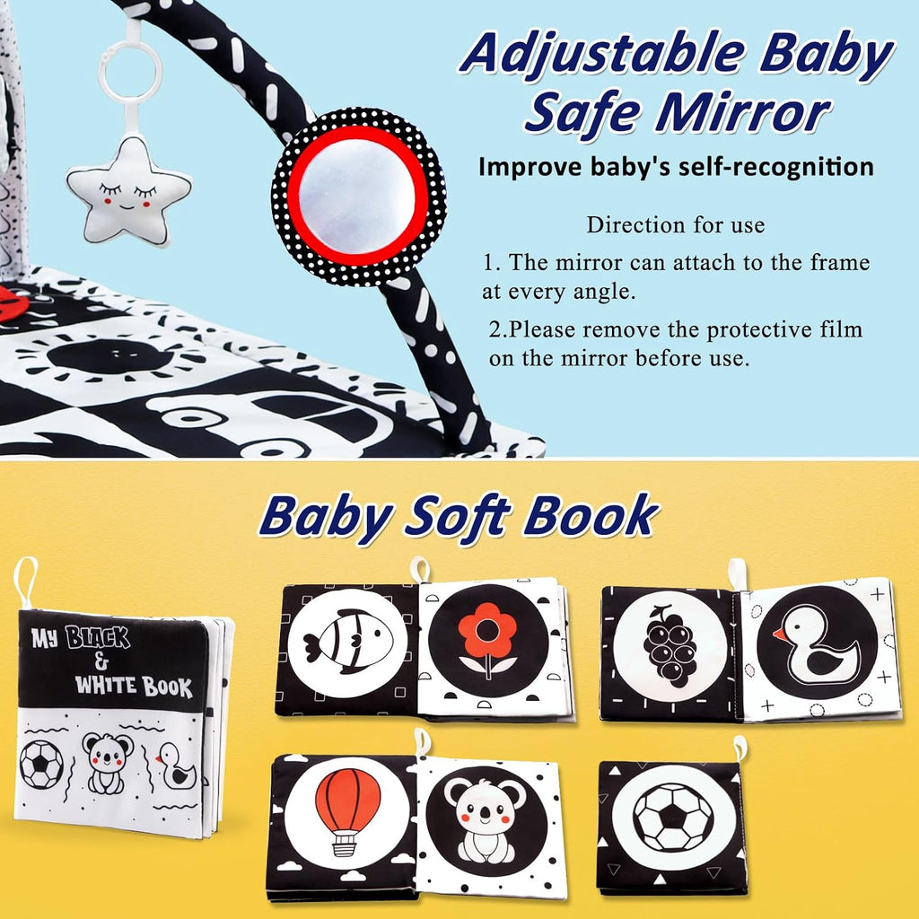 Black and White Baby Gym Play Mat with 6 Toys Tummy Time Activity Mat for Babies 0-6 6-12 Months High Contrast Baby