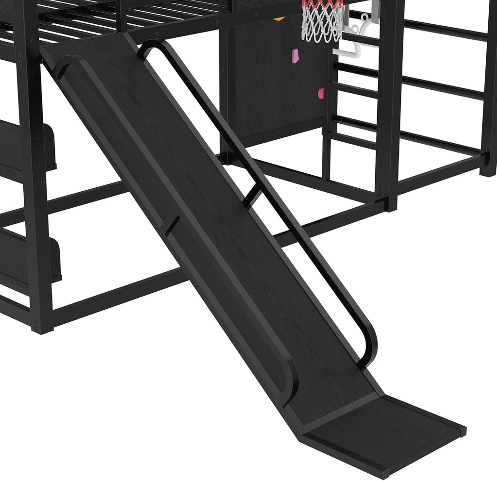 Twin Bunk Bed with Basketball Hoop, Pull-up Rings and Climbing Wall, Twin Bunk Bed with Slide and Bookcase