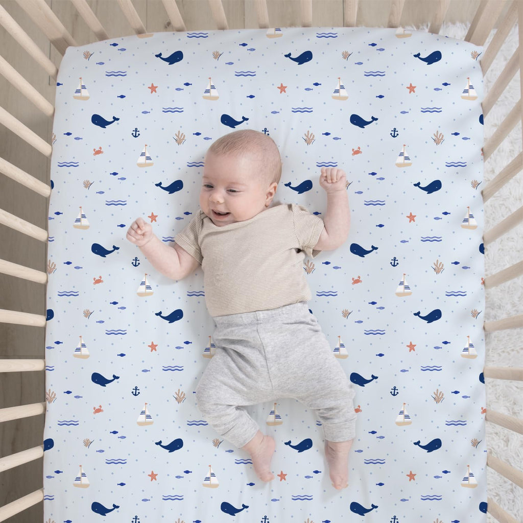 3 Piece Nautical Patch Baby Crib Bedding Set Boy, Baby Blanket Quilt, Fitted Crib Sheets for Boys, Navy & Blue