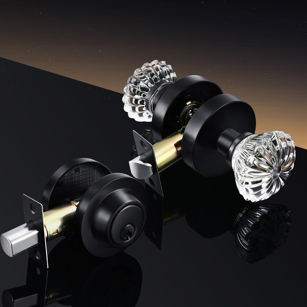 Crystal Glass Passage Door Knob and Single Cylinder Deadbolt Combo Set
