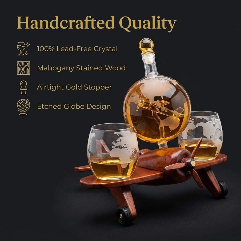 Whiskey Decanter Airplane Globe Set with 2 World Whiskey Glasses - for Liquor Scotch Bourbon Vodka - Set of 3