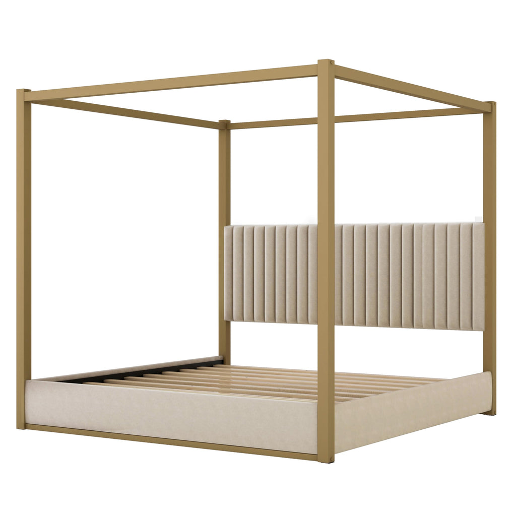 Modern 4-Poster Canopy Platform Bed King Size with Channel Upholstery Tufted Headboard, Gold Metal Canopied Design