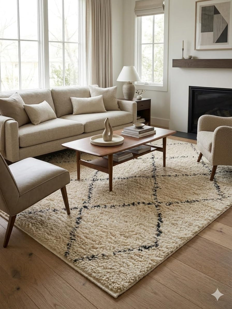 Wool Rug 5' x 7' - Handmade Berber Shag Area Rug, Beni Ourain Style, Ivory/Cream with Charcoal Ladder Diamond Pattern