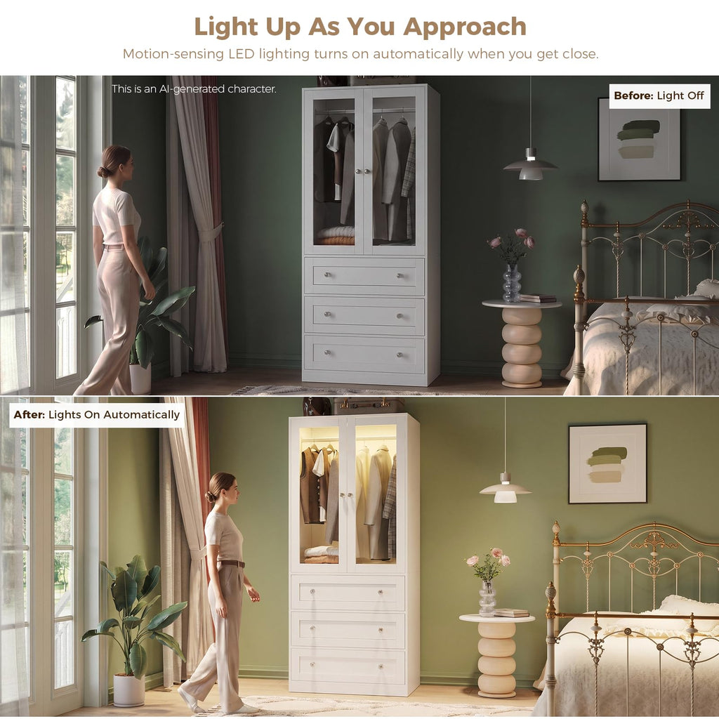 71" H Armoire Wardrobe Closet with Motion Sensor LED Light