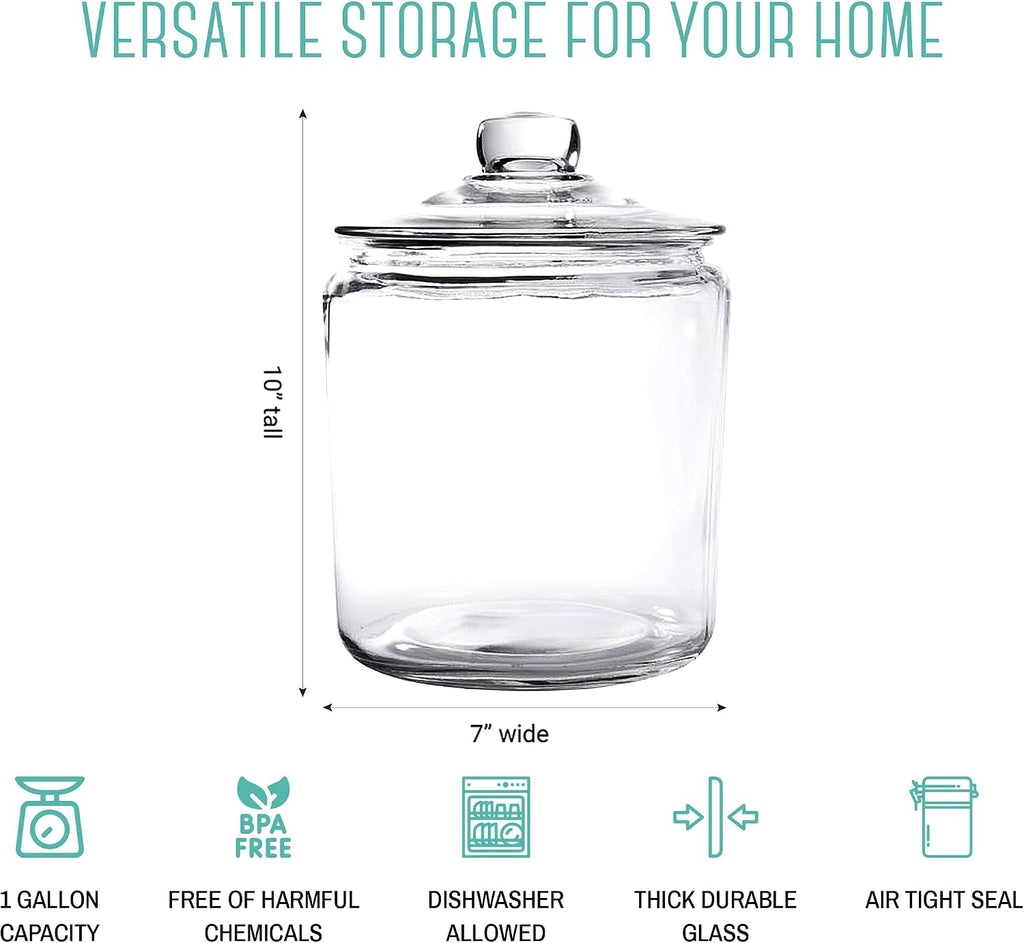 1 Gallon Cookie Jar Countertop| Airtight Glass Storage Jars for Candy, Coffee, Dog Treats| Large Glass Apothecary