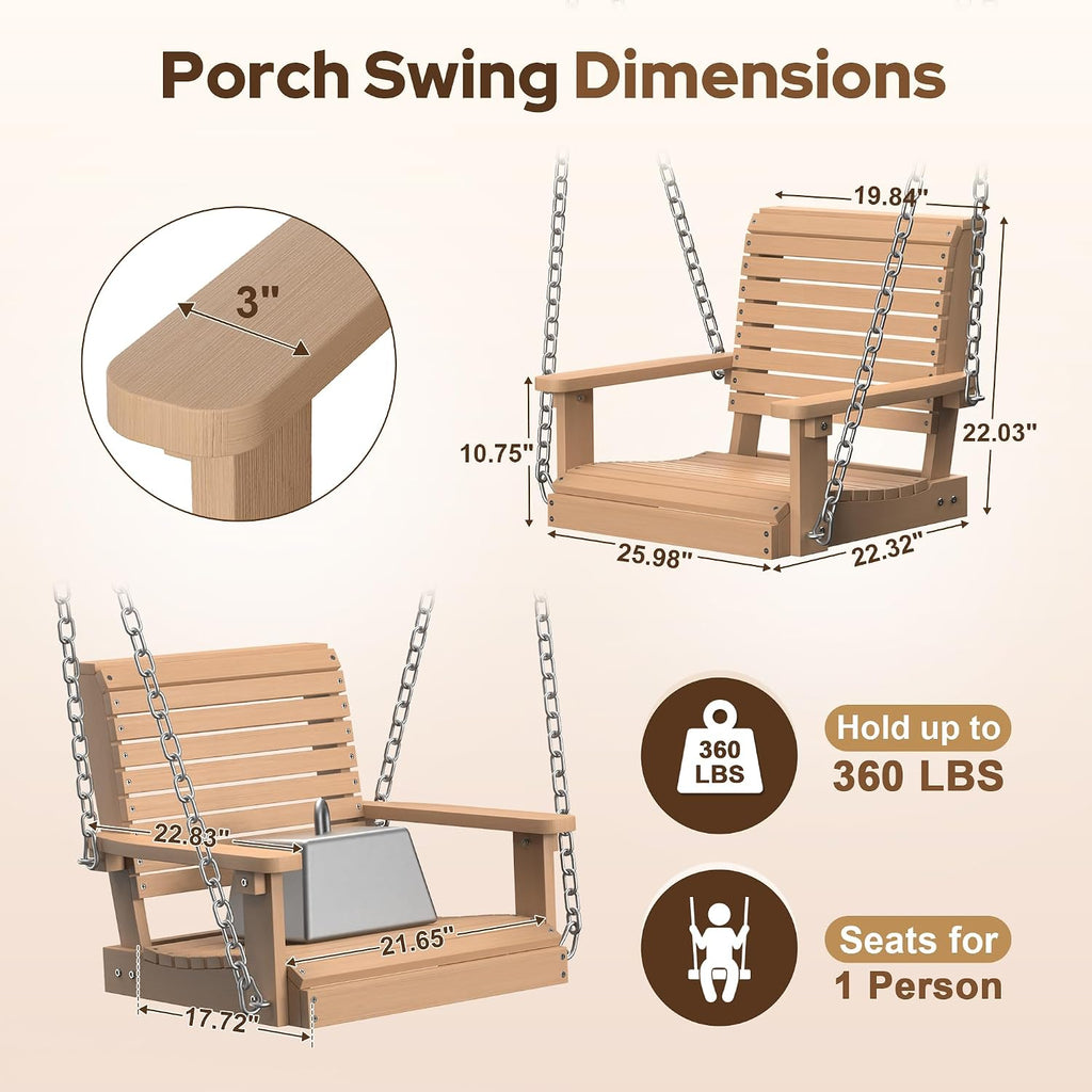 HDPE Single Hanging Porch Swing, 360 LBS Outdoor Swing Chair, Teak | Wood-Look Finish, All-Weather & Fade Resistant