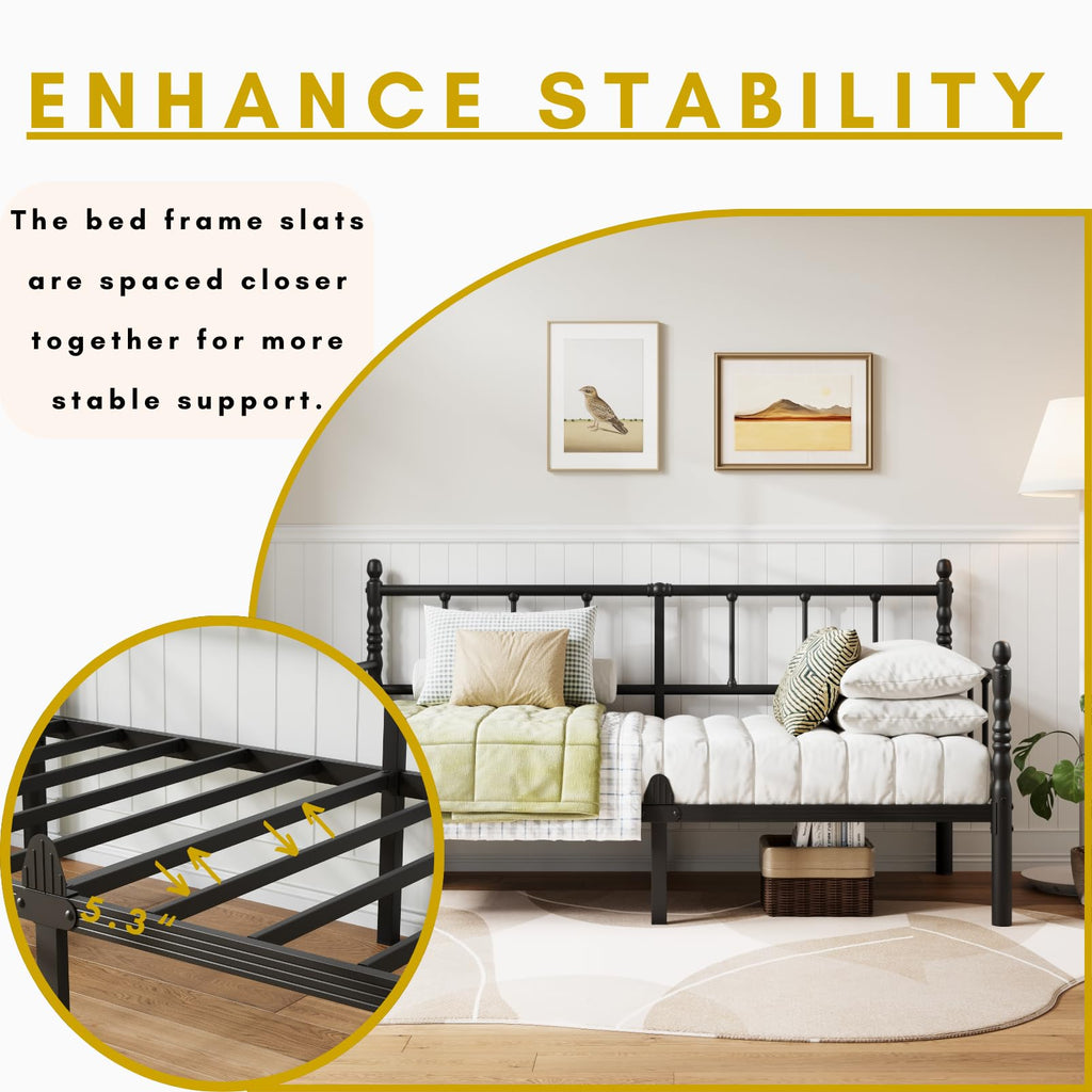 14 Inch Classic Twin Daybed, Metal Sofa Bed with Storage, Black