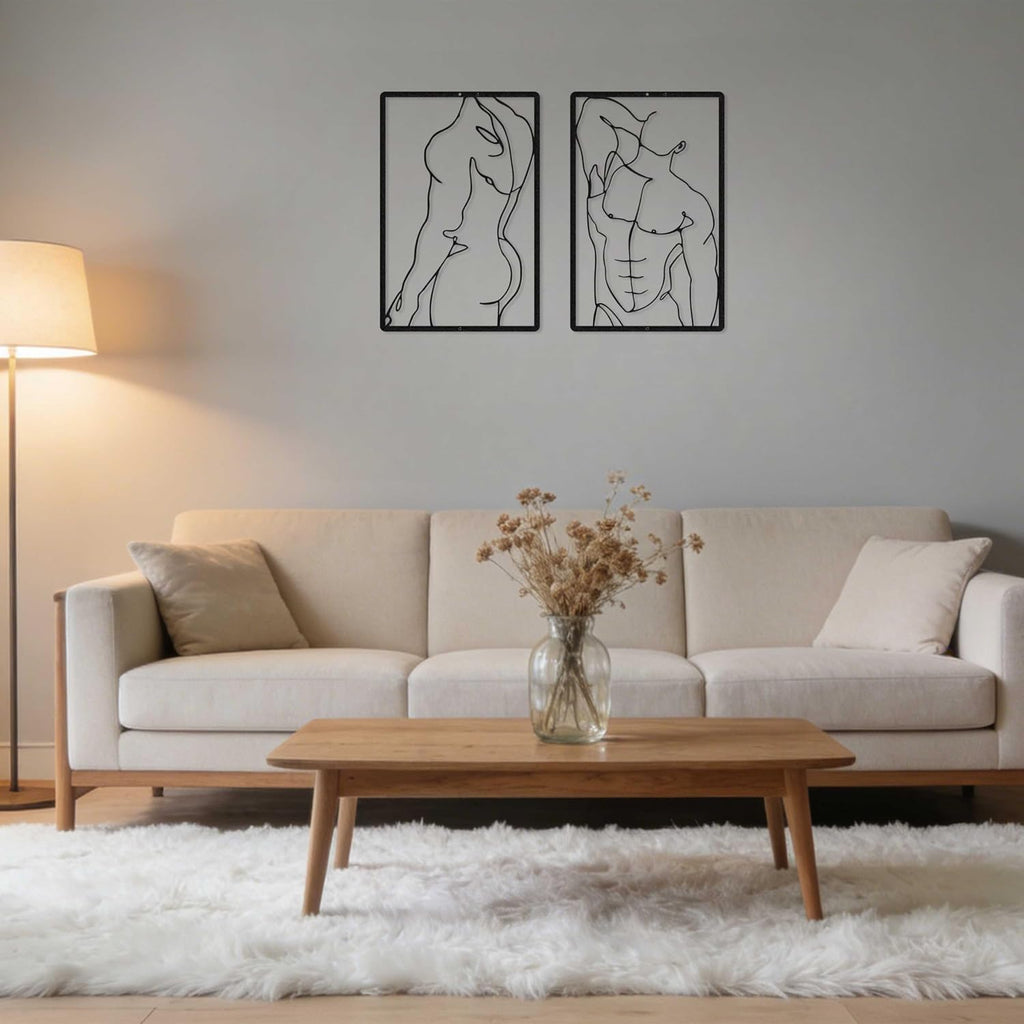 Metal Wall Art Abstract Single Line Art Hanging Decor - Minimalist Line Art Metal Wall Sculpture, Modern Male Body - Set of 2