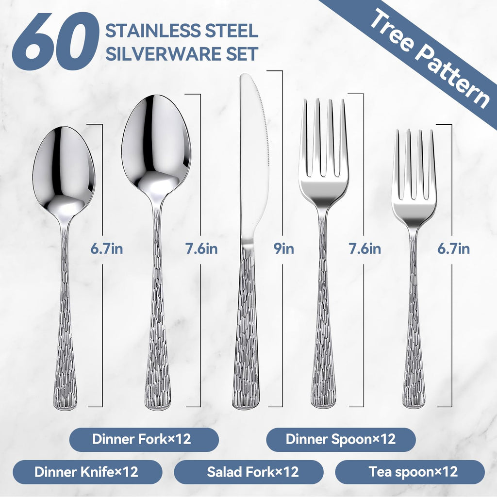 60Piece Hammered Silverware Set, Stainless Steel Flatware Set for 12