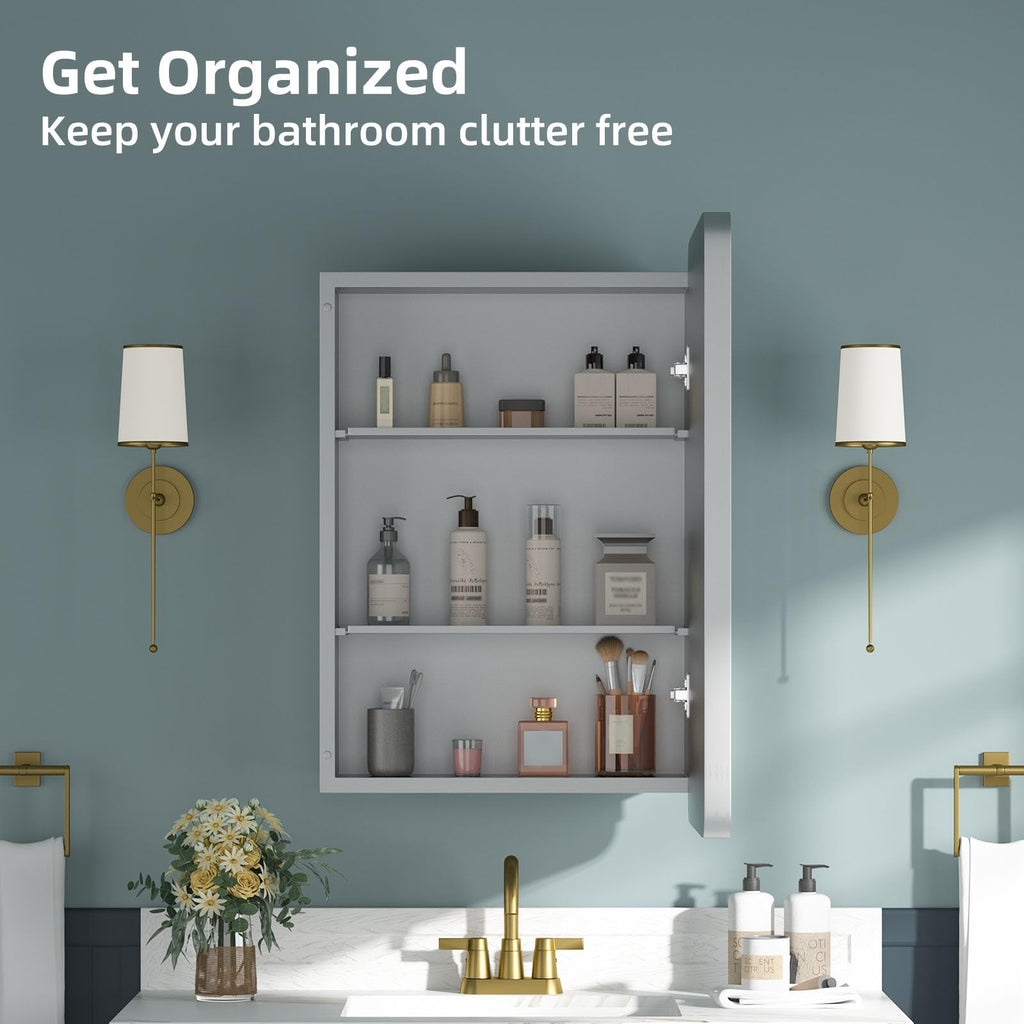 Bathroom Medicine Cabinet with Mirror 16 x 24 Inch, Silver Medicine Cabinet Recessed or Surface Wall-Mounted