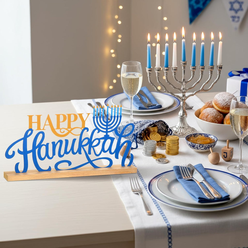 Metal Happy Hanukkah Table Decoration Sign with Wooden Base