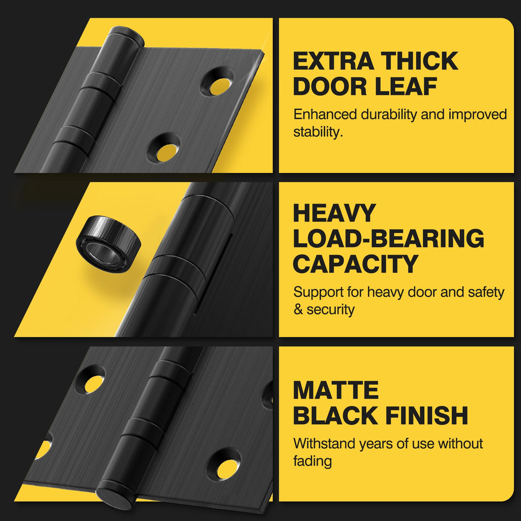 Ball Bearing Door Hinges, 4 x 4 Inches, Matte Black, 6 Pack