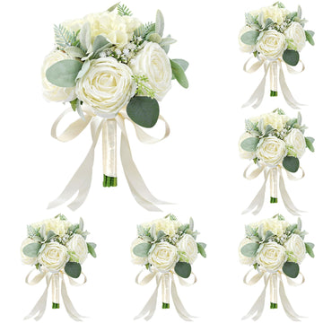 Set of 6 Bridesmaid Bouquets for Wedding - Silk Artificial Ivory Bridesmaid Flowers, Pre-Made Roses Sage Green Boho