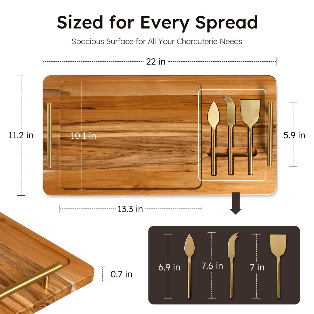 Teak 22 Inch Large Charcuterie Boards for Party with Cheese Knife Set of 3 with Handles Extra Long Wooden Serving