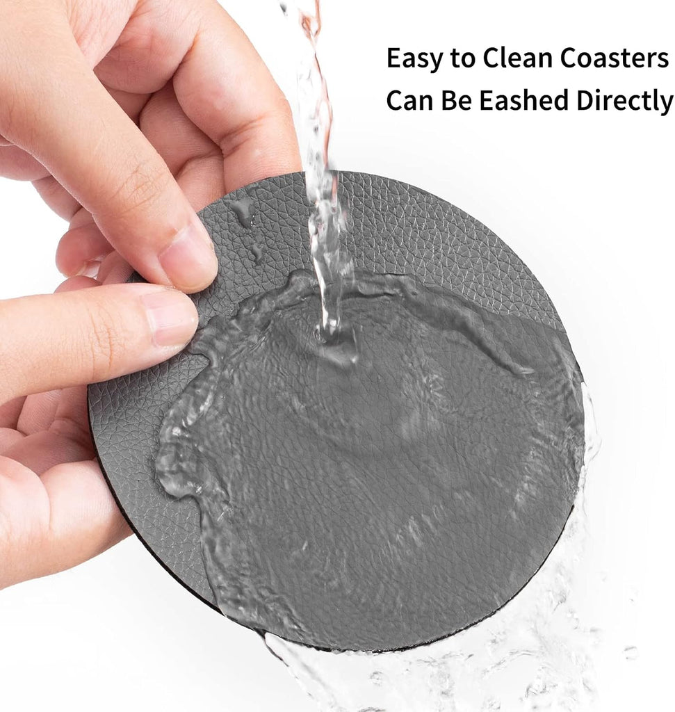 Faux Leather Drink Coasters with Holder, Dual Sided Sets of 12