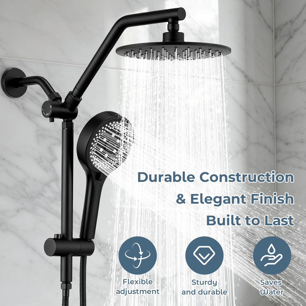 9" Rain Shower Head w/Handheld Combo, Slide Bar, Matte Black