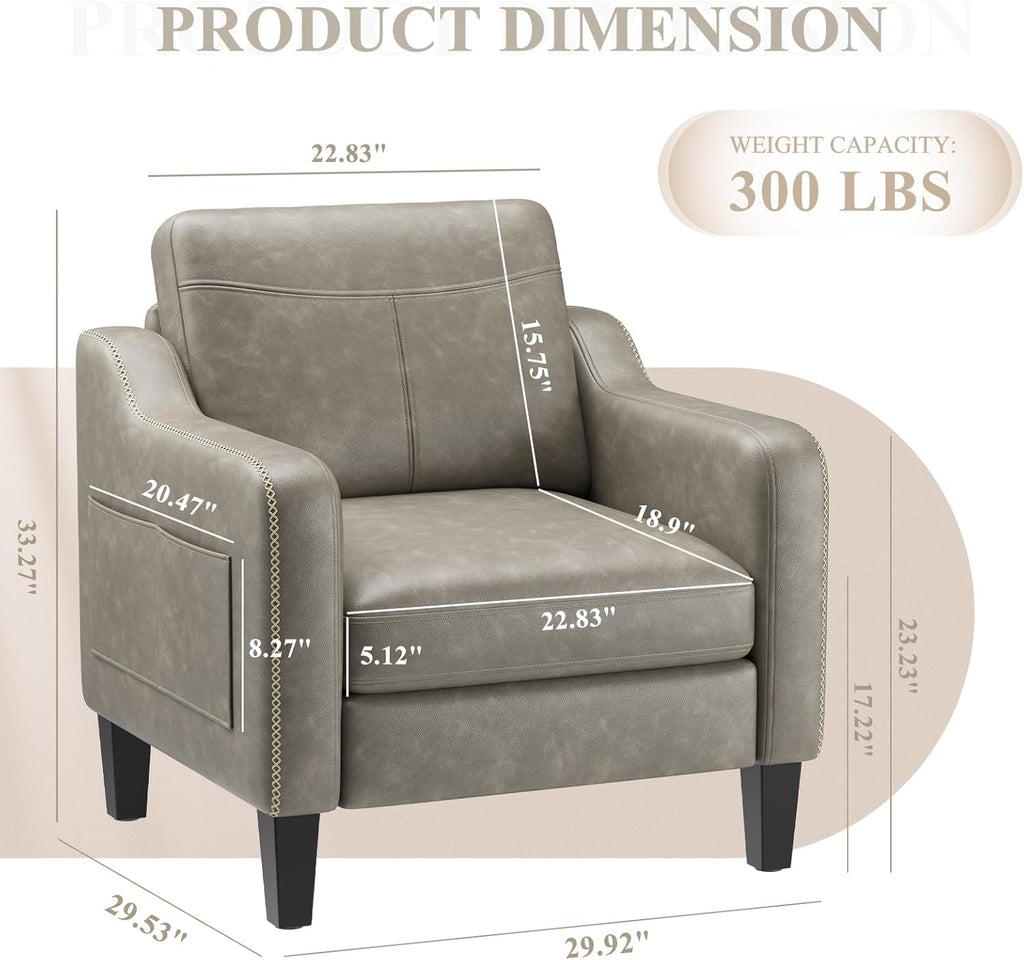 PU Leather Accent Chair, Mid-Century Modern Living Room Armchair Sofa with Removable Cushions, Solid Wood Frame &