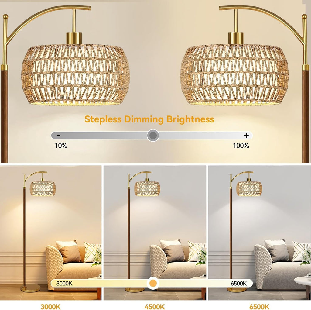 Boho Floor Lamps Rattan Floor lamp with Remote Control & 3 Color Temperatures, Wood Vintage Mid Century Modern