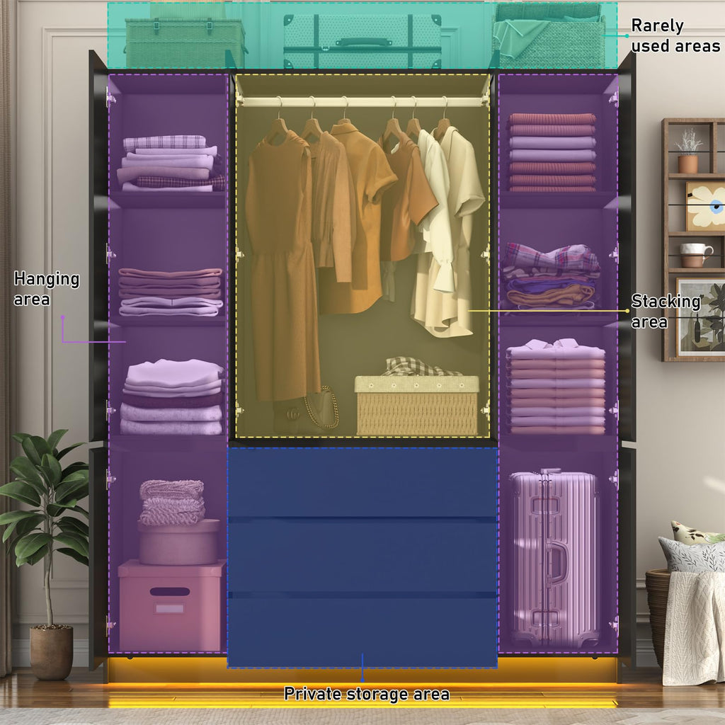 4 Doors Armoire Wooden Wardrobe Closet with 3 Drawers & 2 Mirror, 75"H Clothing Storage Cabinet with Hanging