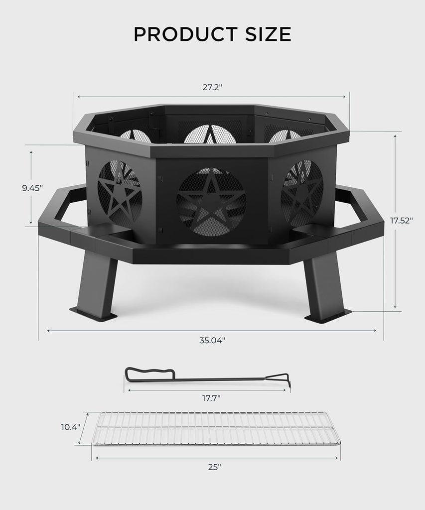 35 inch Fire Pit, Outdoor Fire Pit Wood Burning Fire Pits with Cooking Grill